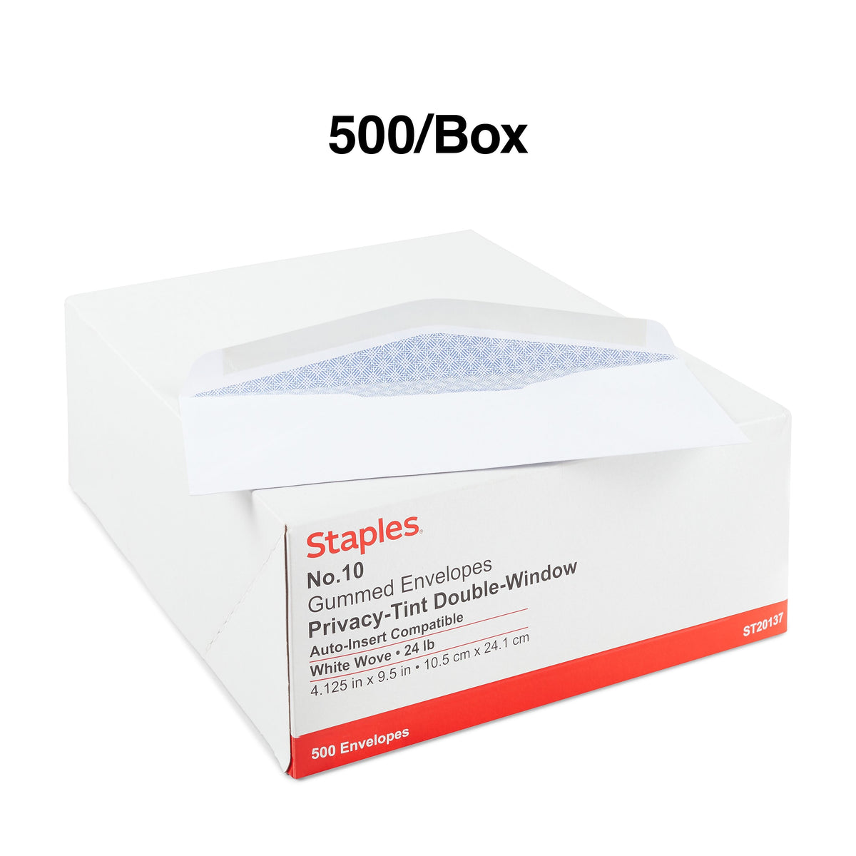 Staples Gummed Security Tinted #10 Business Envelopes, 4 1/8" x 9 1/2", White, 500/Box