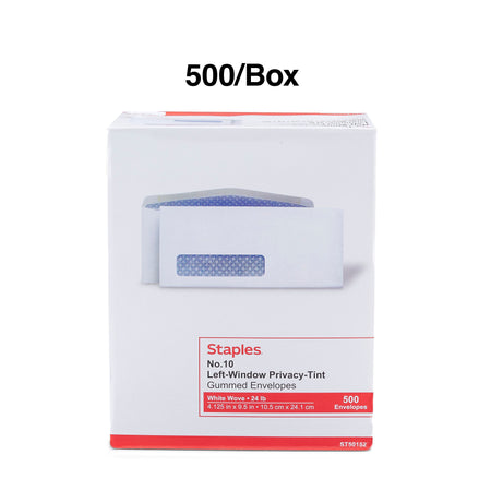 Staples Gummed Security Tinted #10 Business Window Envelopes, 4 1/8" x 9 1/2", White Wove, 500/Box