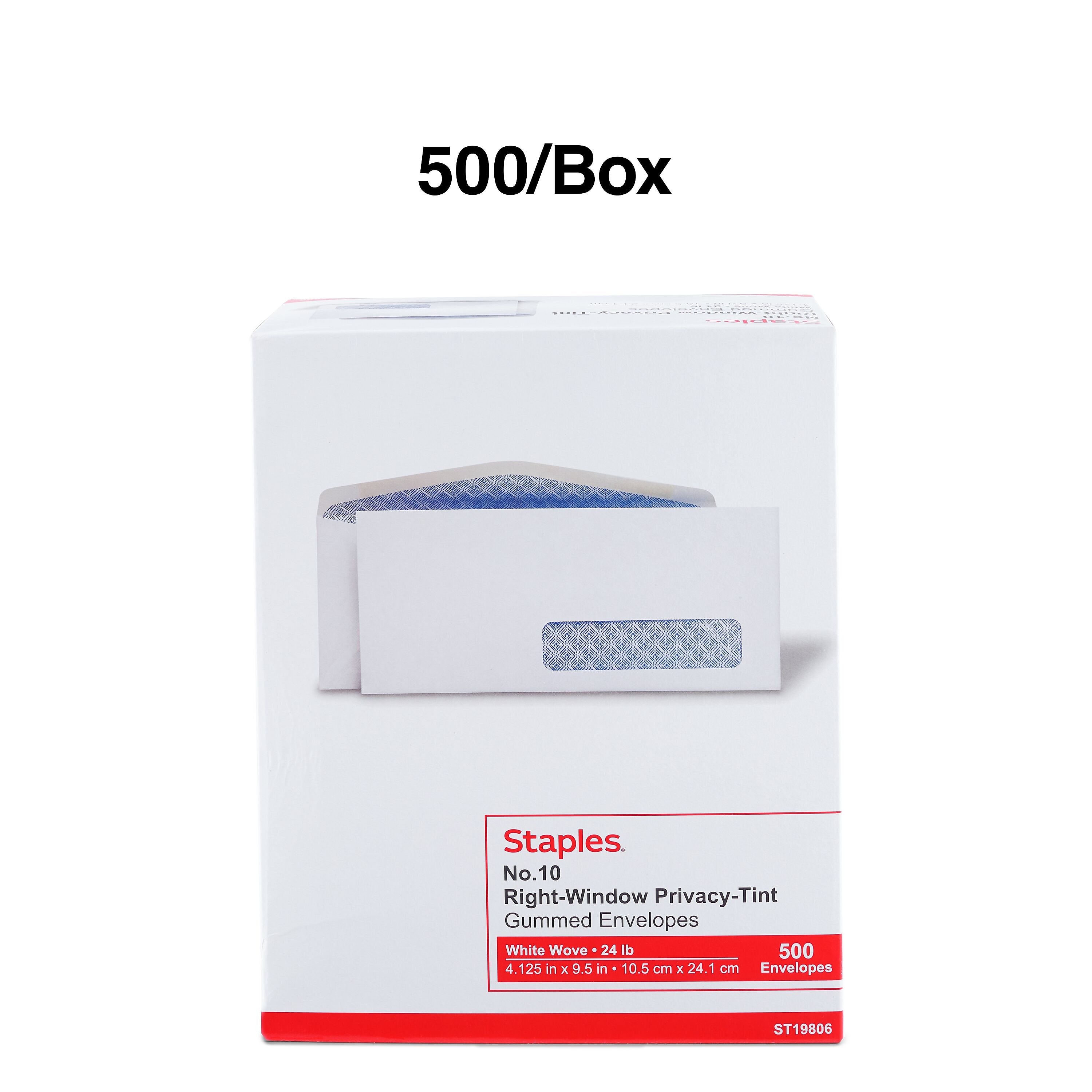 Staples Gummed Security Tinted #10 Window Envelope, 4 1/8" x 9 1/2", White Wove, 500/Box