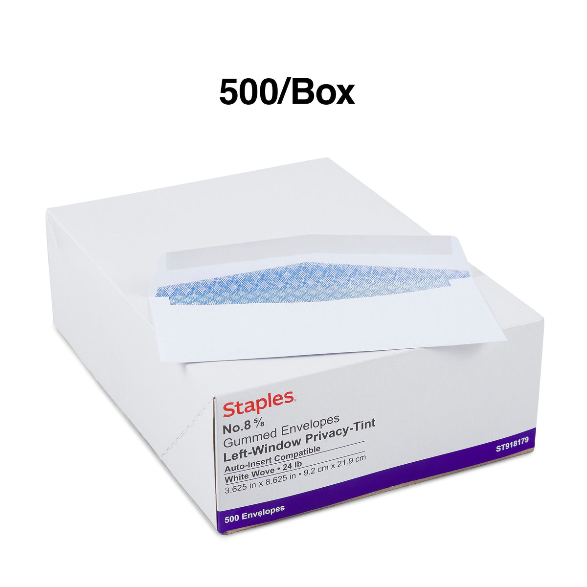 Staples Gummed Security Tinted #8 5/8 Business Window Envelopes, 3 5/8" x 8 5/8", White, 500/Box