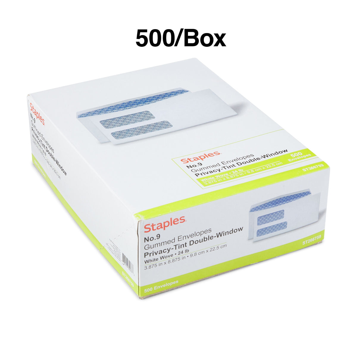 Staples Gummed Security Tinted #9 Business Envelopes, 3 7/8" x 8 7/8", White, 500/Box