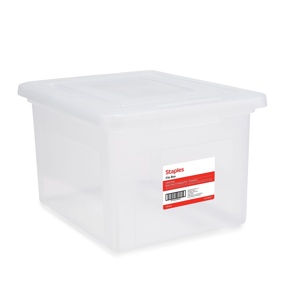 Staples Hanging File Box, Snap Lid, Letter/Legal Size, Clear, 4/Carton