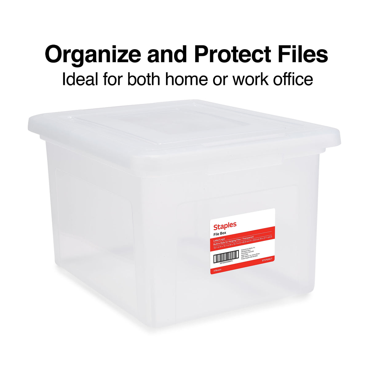 Staples Hanging File Box, Snap Lid, Letter/Legal Size, Clear, 4/Carton