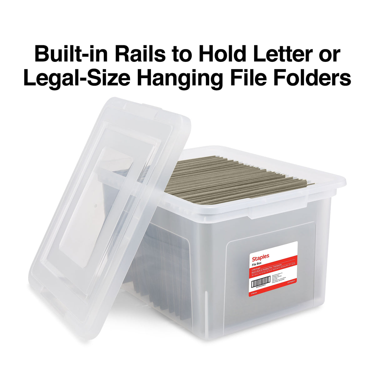 Staples Hanging File Box, Snap Lid, Letter/Legal Size, Clear, 4/Carton