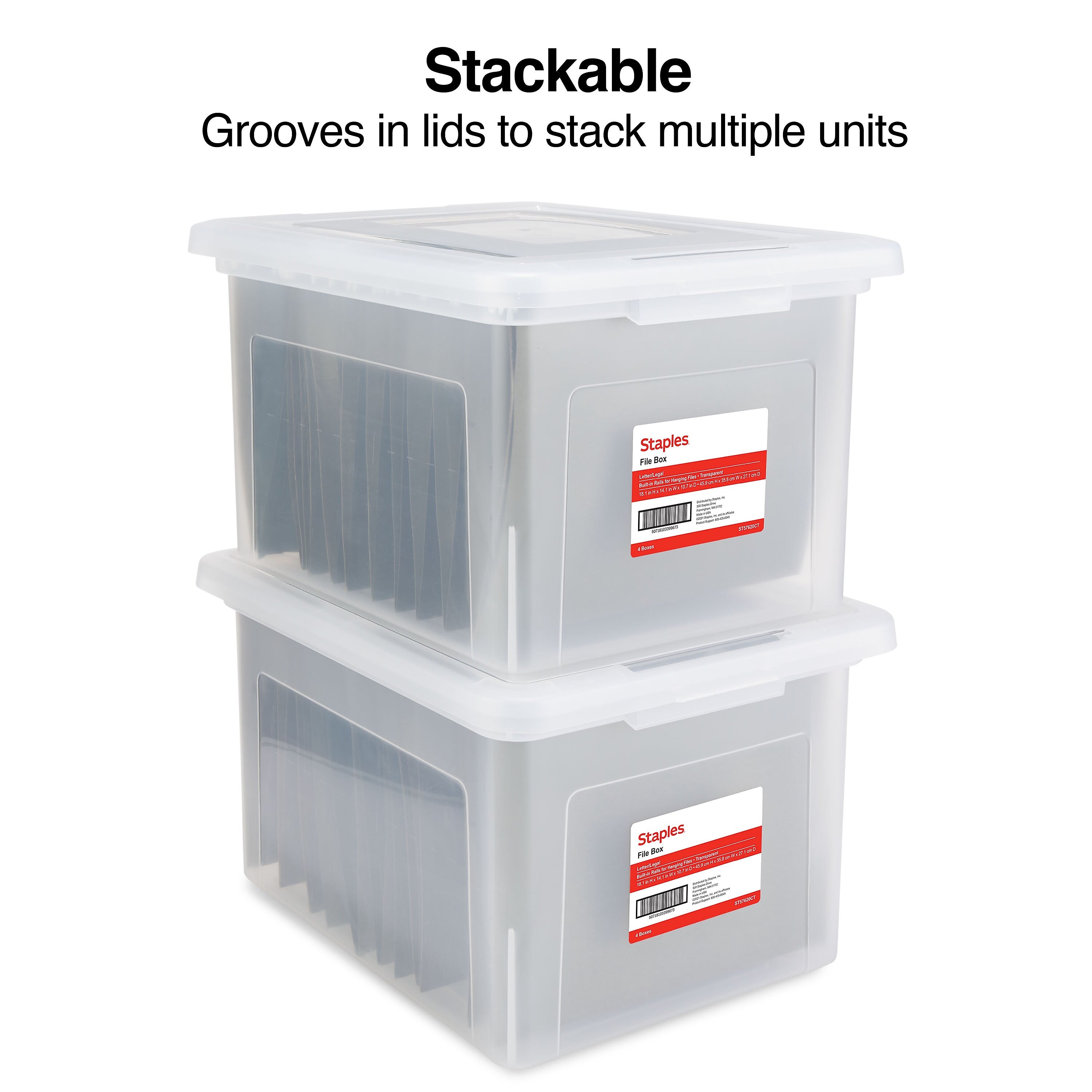 Staples Hanging File Box, Snap Lid, Letter/Legal Size, Clear, 4/Carton