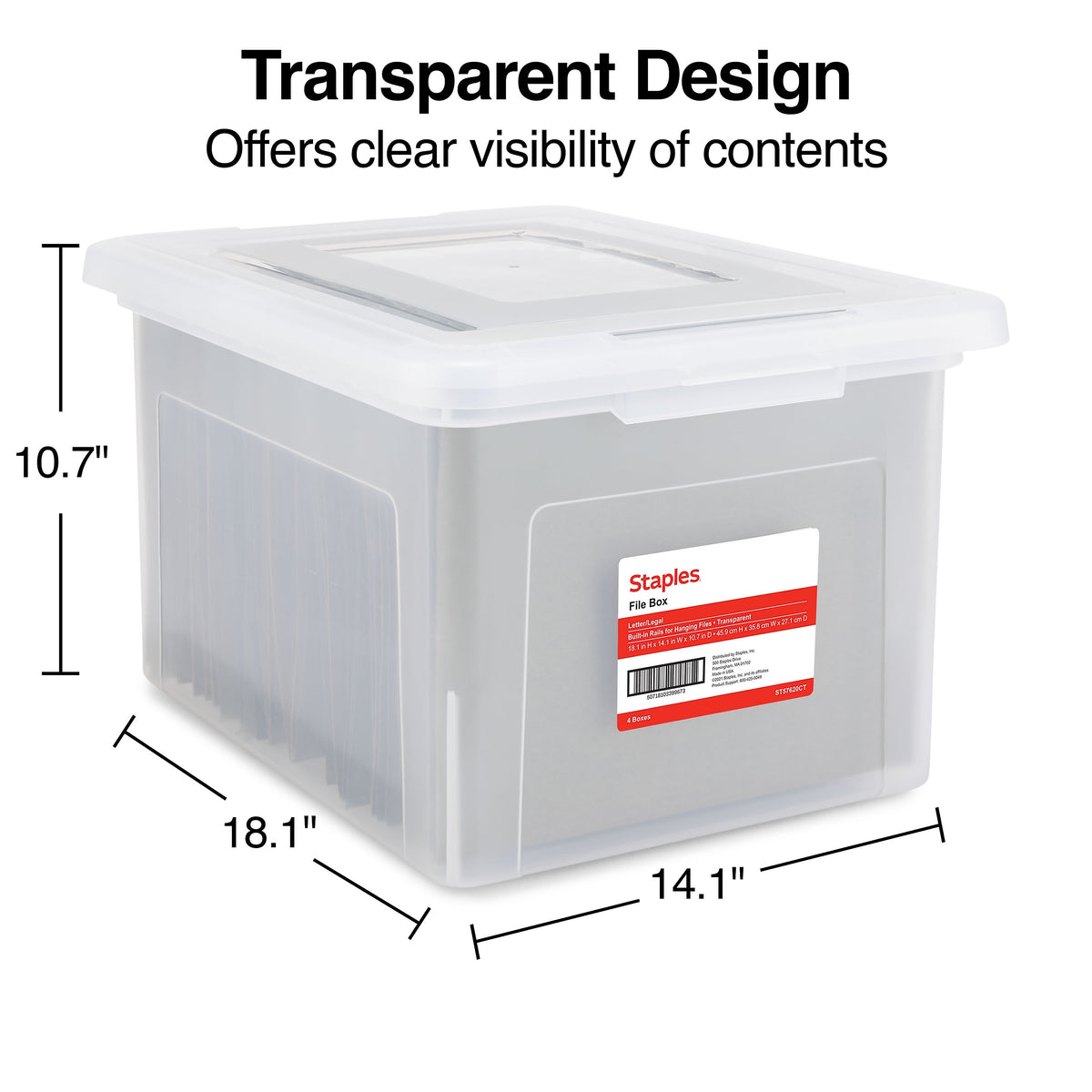 Staples Hanging File Box, Snap Lid, Letter/Legal Size, Clear, 4/Carton