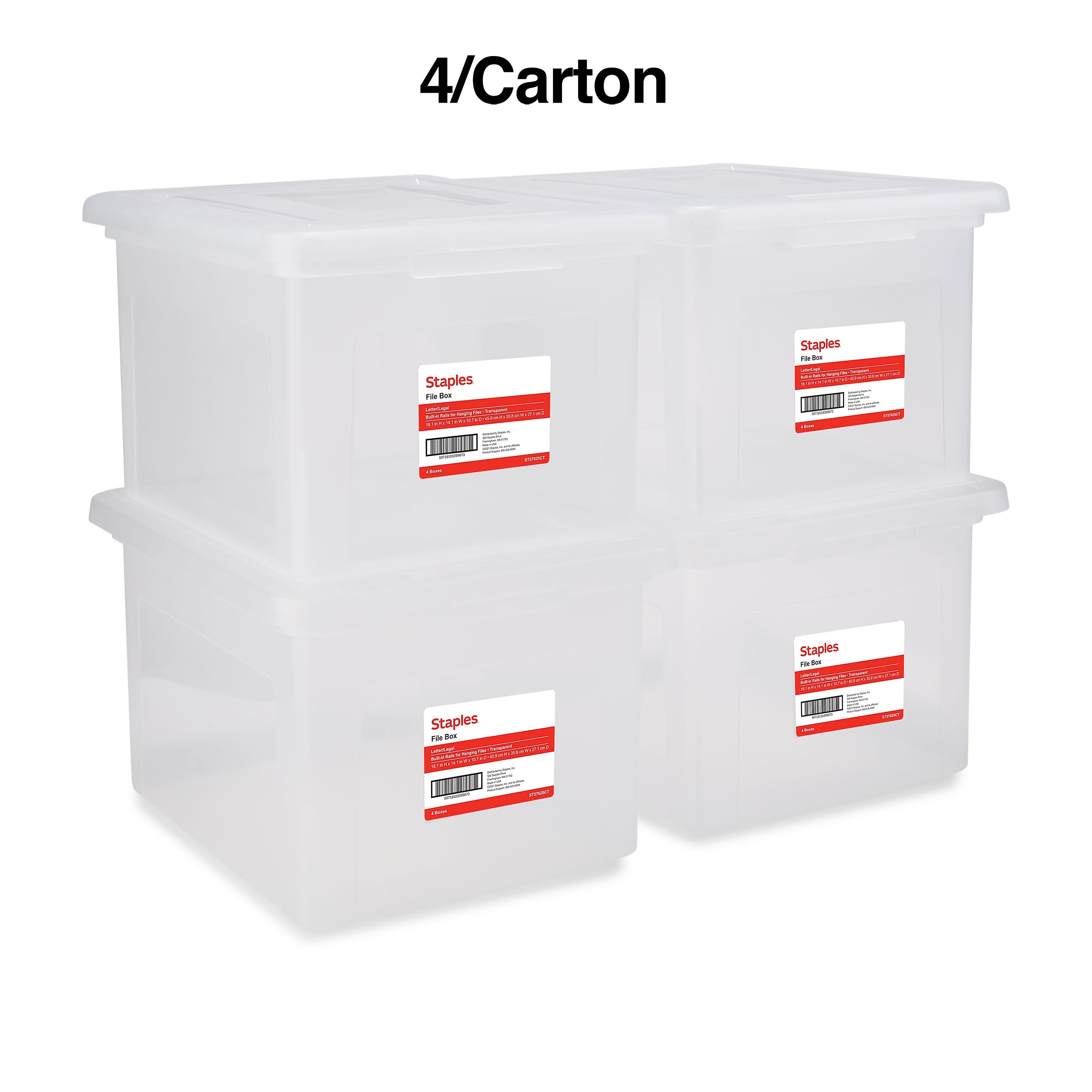 Staples Hanging File Box, Snap Lid, Letter/Legal Size, Clear, 4/Carton