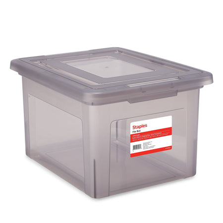 Staples Hanging File Box, Snap Lid, Letter/Legal Size, Frost Gray