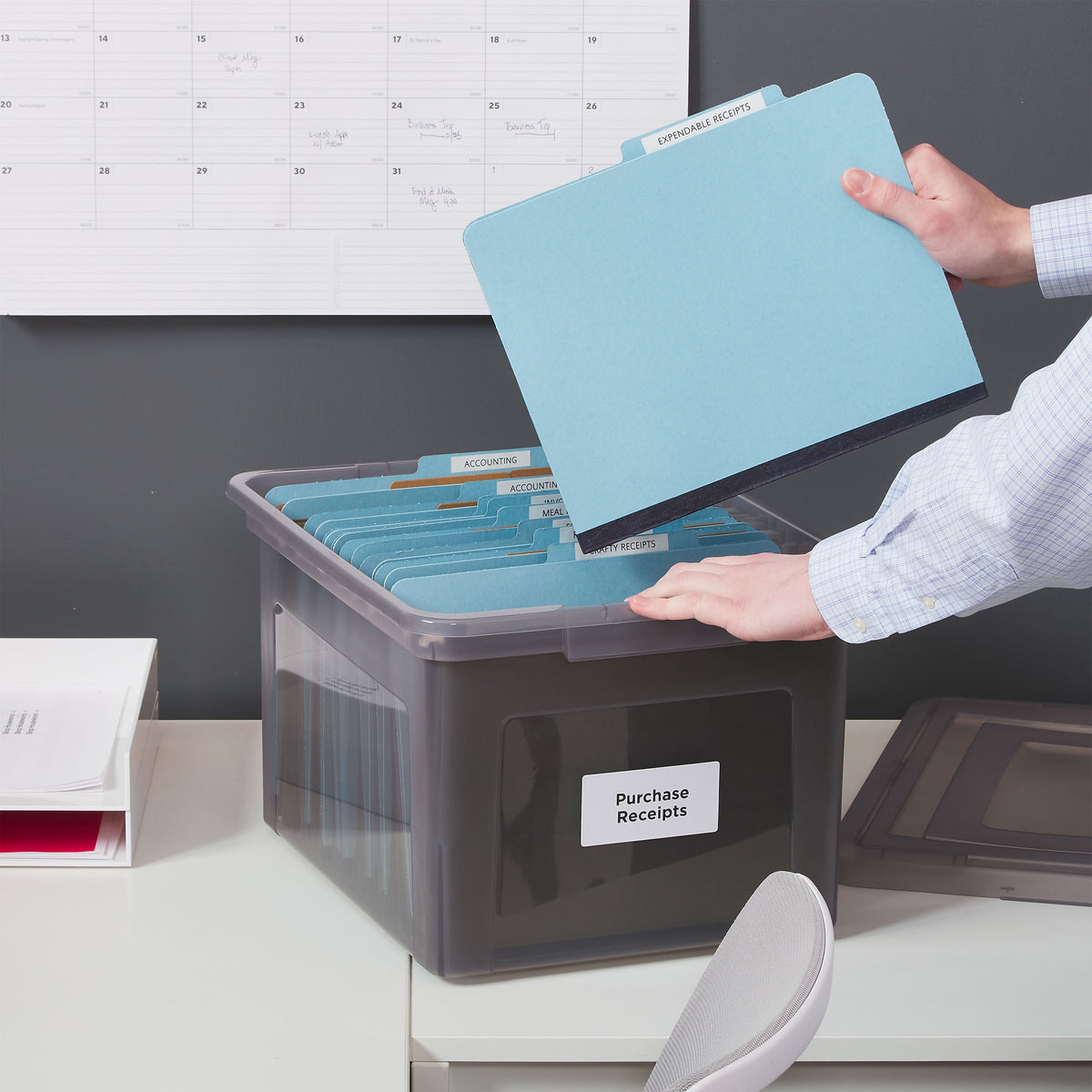 Staples Hanging File Box, Snap Lid, Letter/Legal Size, Frost Gray