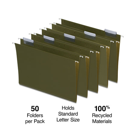 Staples Hanging File Folder, 1/5-Cut Tab, Letter Size, Standard Green, 50/Box