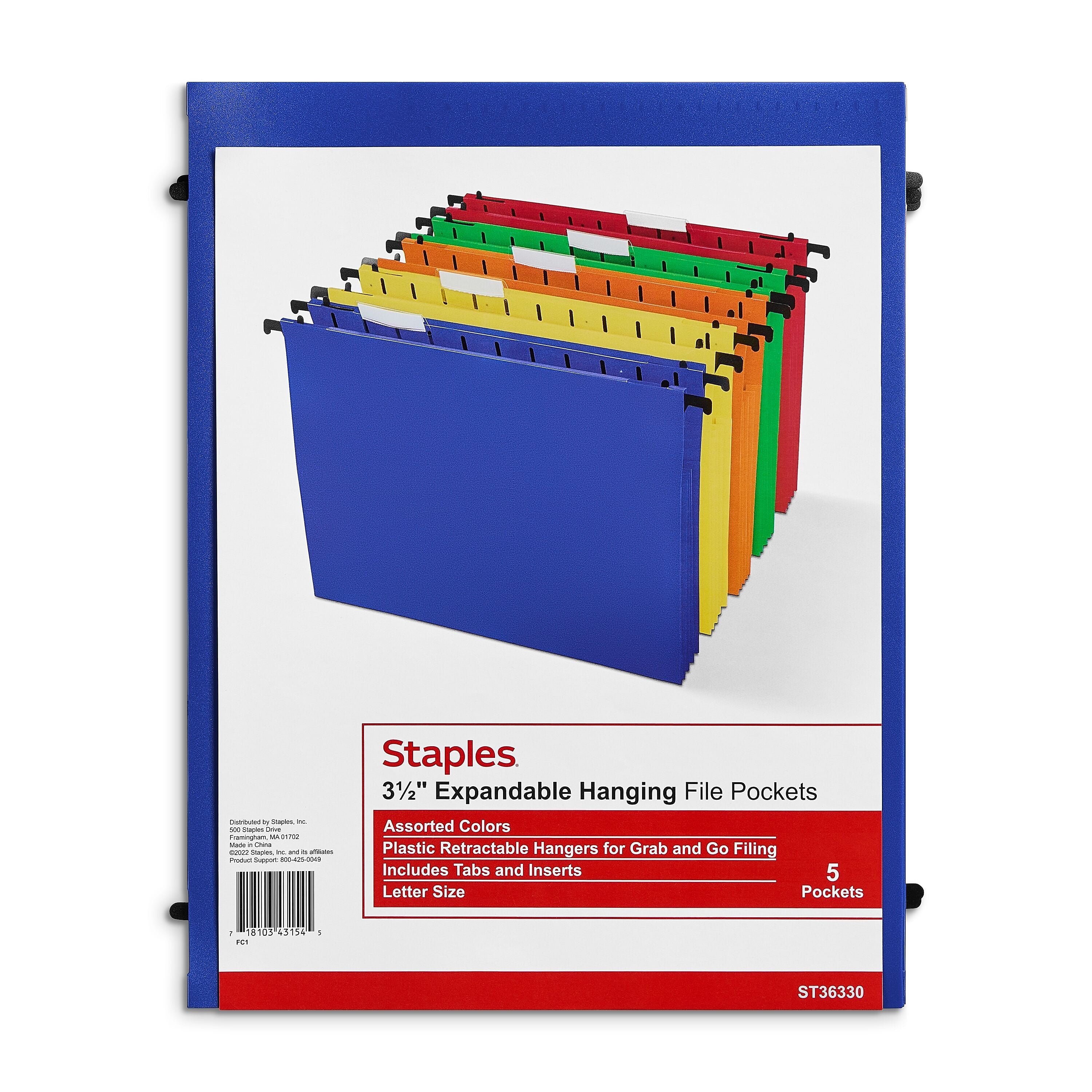 Staples® Hanging File Folder, 5-Tab, Letter Size, Assorted, 5/Pack