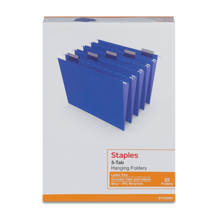 Staples® Hanging File Folders, 1/5-Cut Tab, Letter Size, Blue, 25/Box