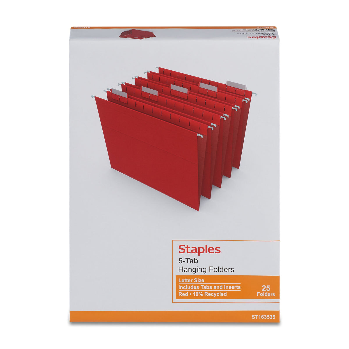 Staples® Hanging File Folders, 1/5-Cut Tab, Letter Size, Red, 25/Box