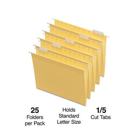 Staples® Hanging File Folders, 1/5-Cut Tab, Letter Size, Yellow, 25/Box