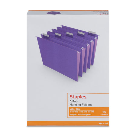 Staples Hanging File Folders, Letter, 1/5-Cut Tab, Letter Size, Purple, 25/Box