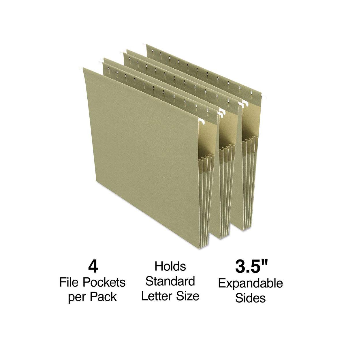 Staples Hanging File Pockets, 3.5" Expansion, Staight Cut, Letter Size, Standard Green, 4/Box