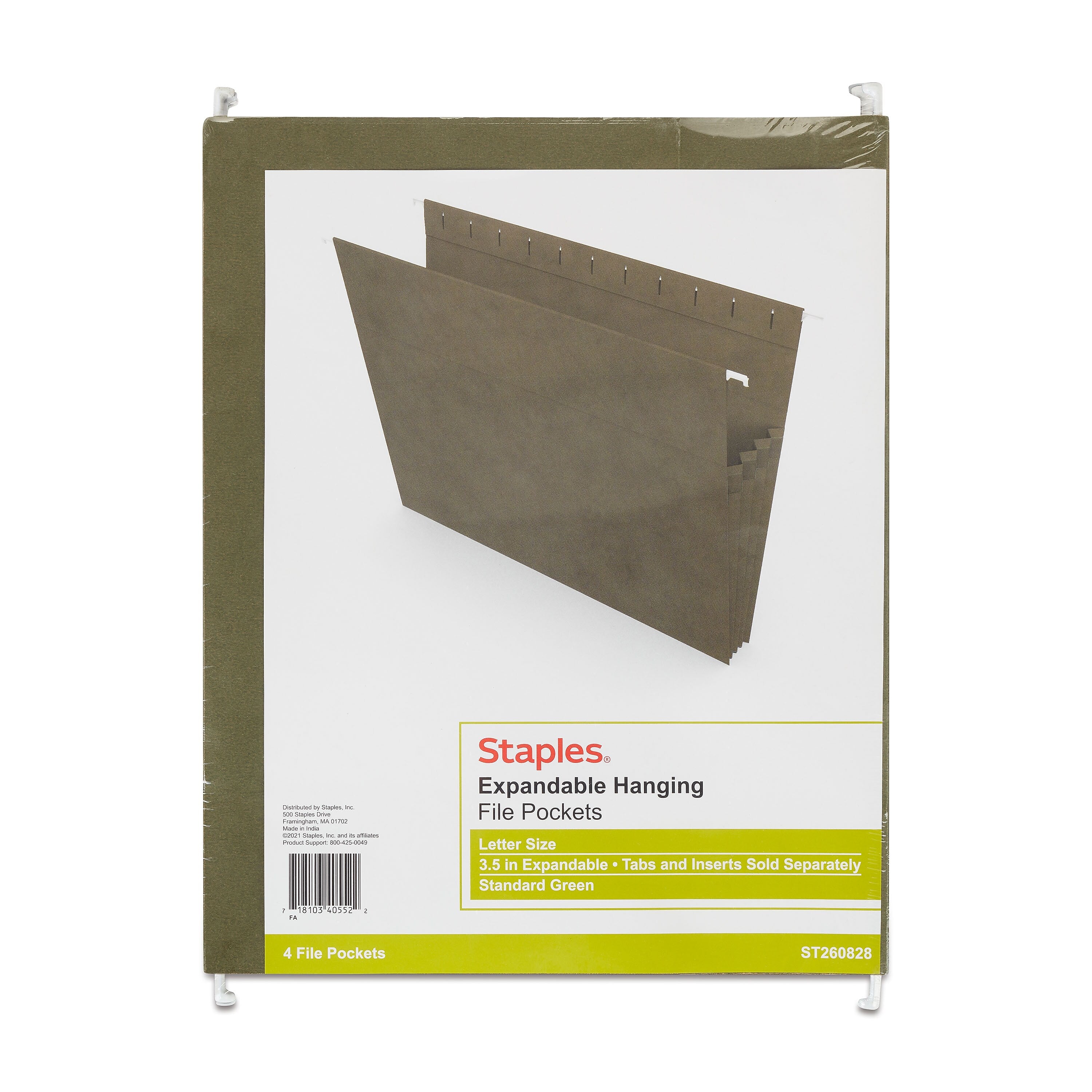 Staples Hanging File Pockets, 3.5" Expansion, Staight Cut, Letter Size, Standard Green, 4/Box