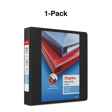 Staples Heavy Duty 1 1/2" 3-Ring View Binder, D-Ring, Black