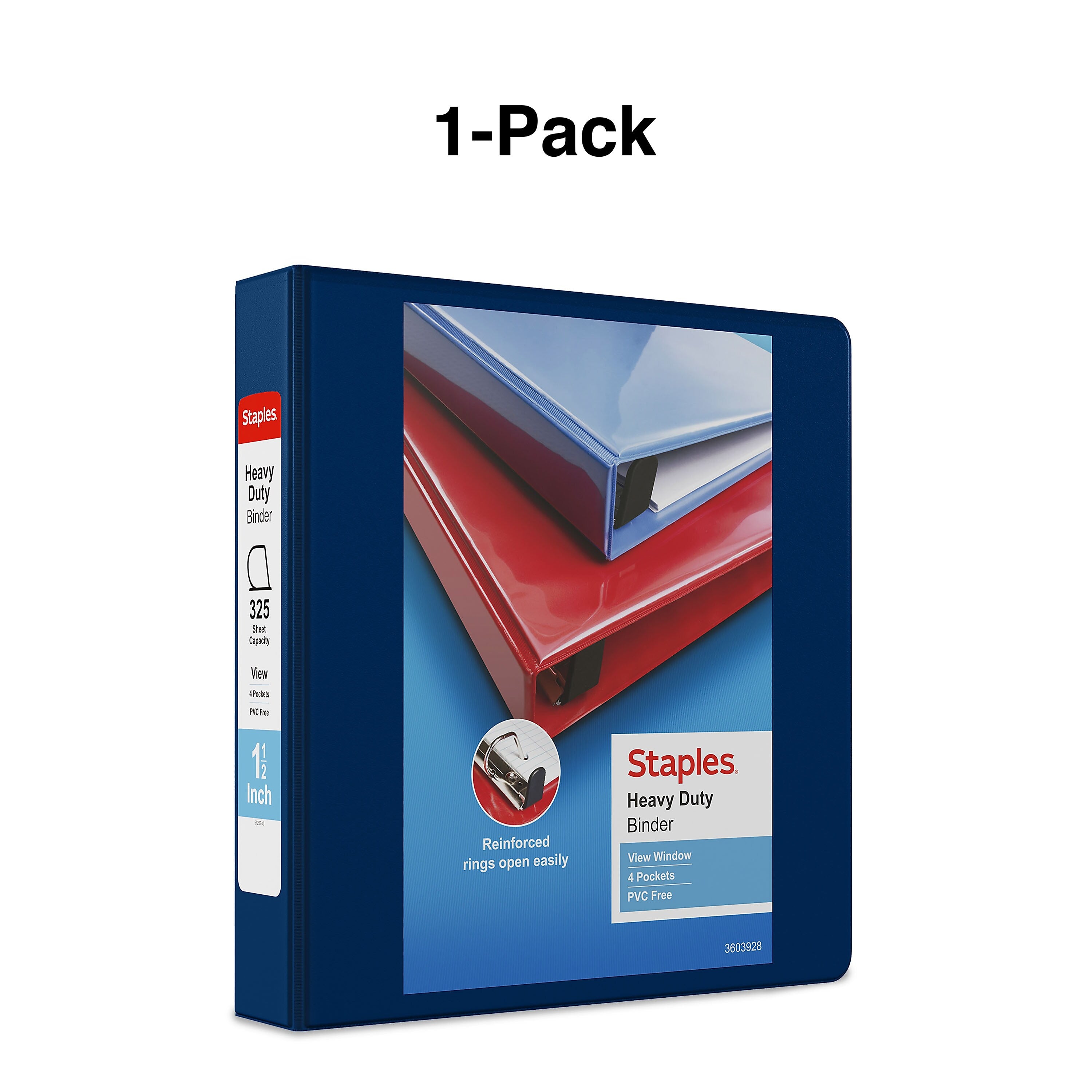 Staples Heavy Duty 1 1/2" 3-Ring View Binder, D-Ring, Blue