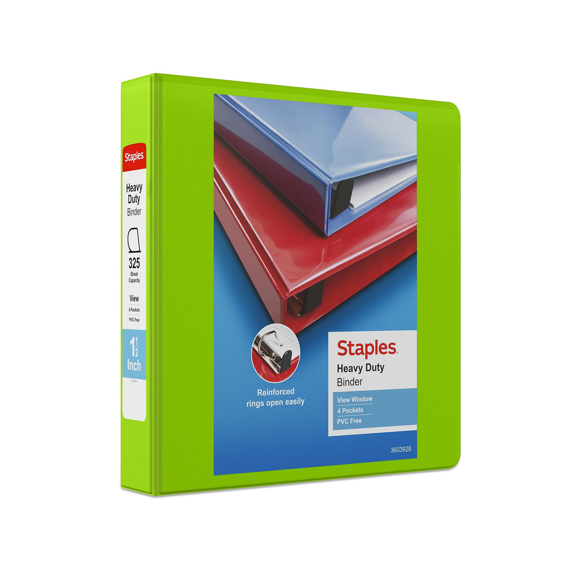 Staples Heavy Duty 1 1/2" 3-Ring View Binder, D-Ring, Chartreuse