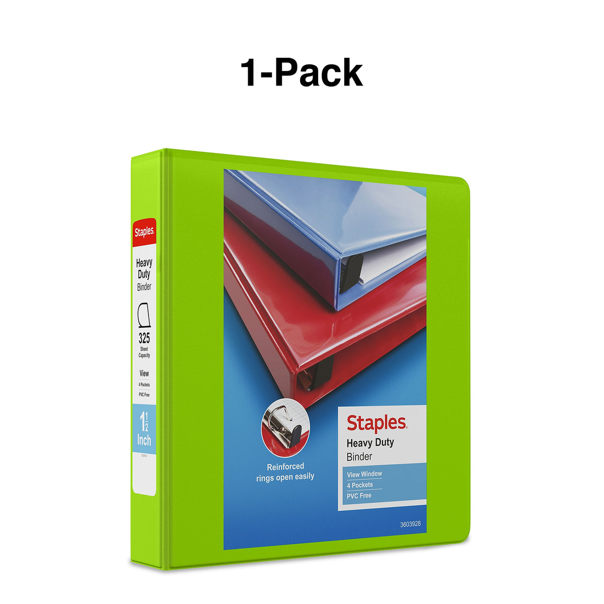 Staples Heavy Duty 1 1/2" 3-Ring View Binder, D-Ring, Chartreuse