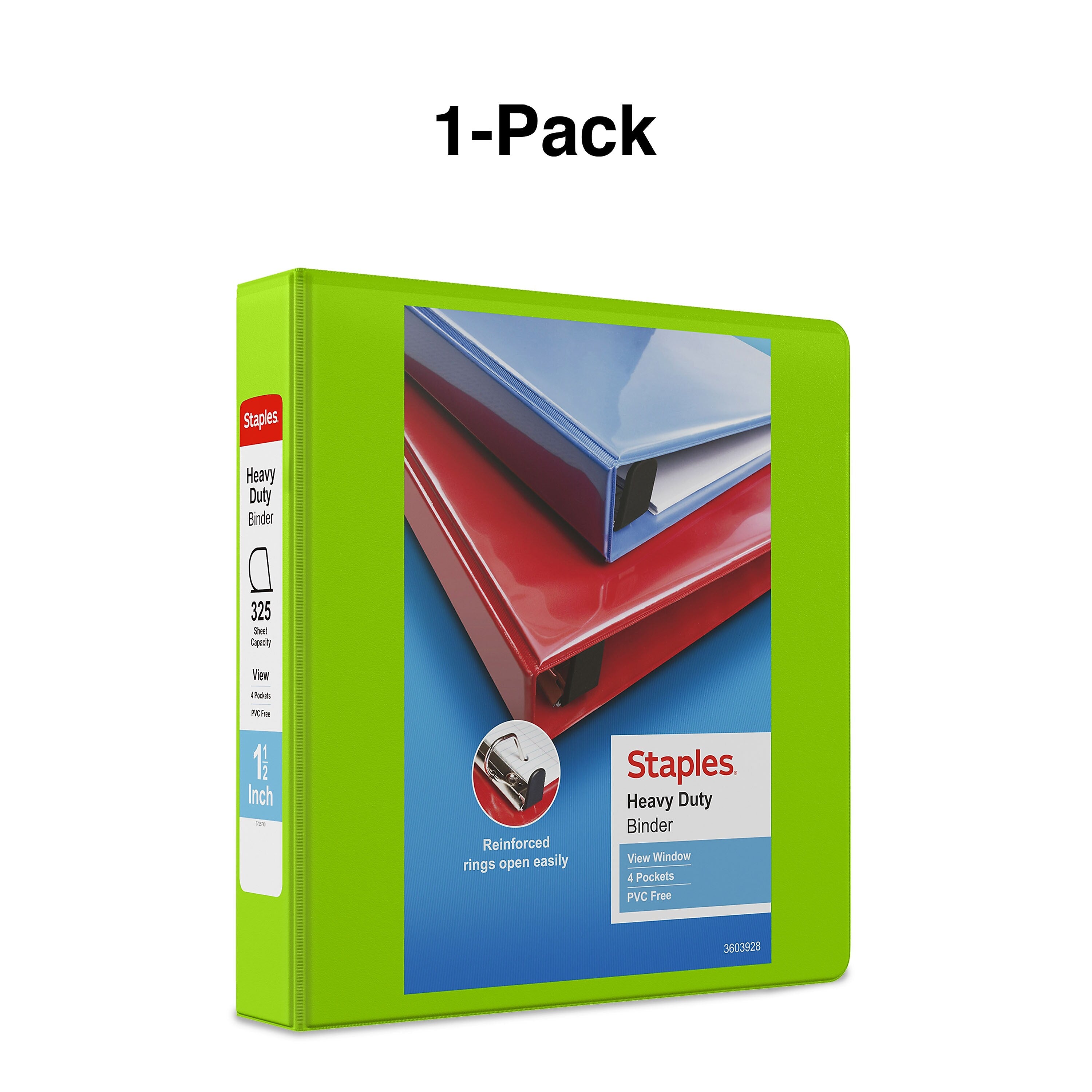 Staples Heavy Duty 1 1/2" 3-Ring View Binder, D-Ring, Chartreuse