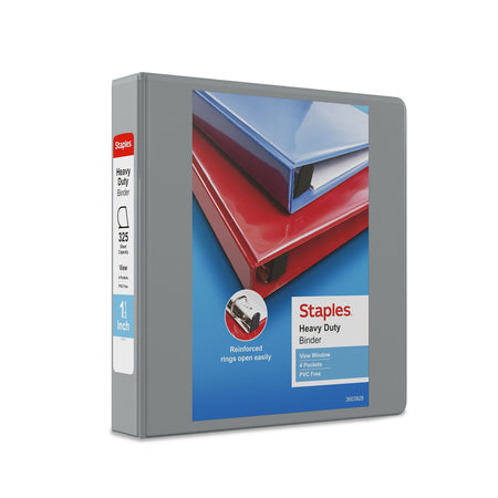 Staples Heavy Duty 1 1/2" 3-Ring View Binder, D-Ring, Gray