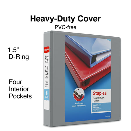 Staples Heavy Duty 1 1/2" 3-Ring View Binder, D-Ring, Gray