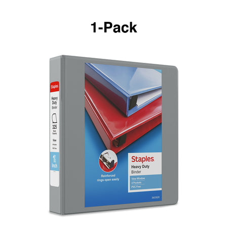 Staples Heavy Duty 1 1/2" 3-Ring View Binder, D-Ring, Gray