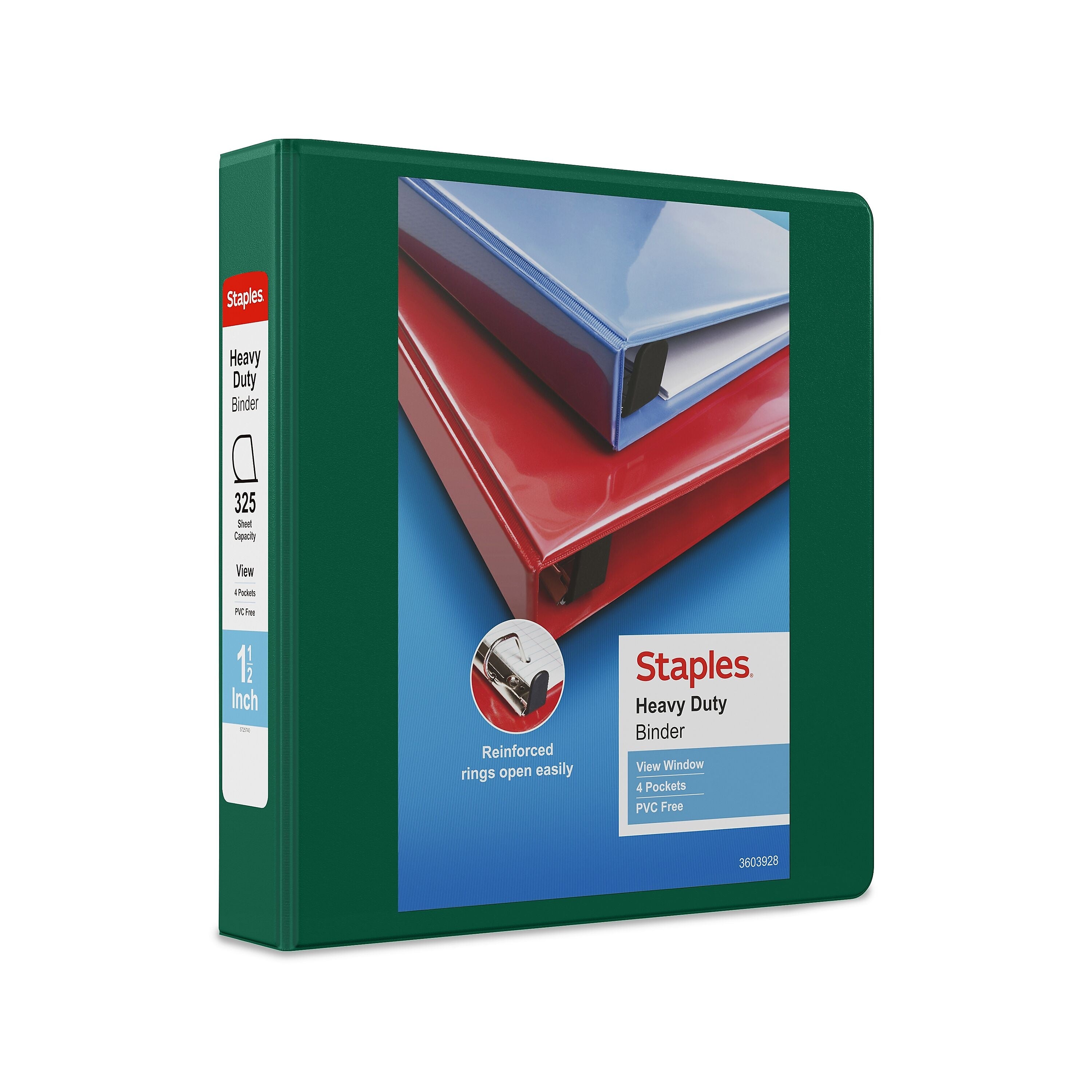 Staples Heavy Duty 1 1/2" 3-Ring View Binder, D-Ring, Green