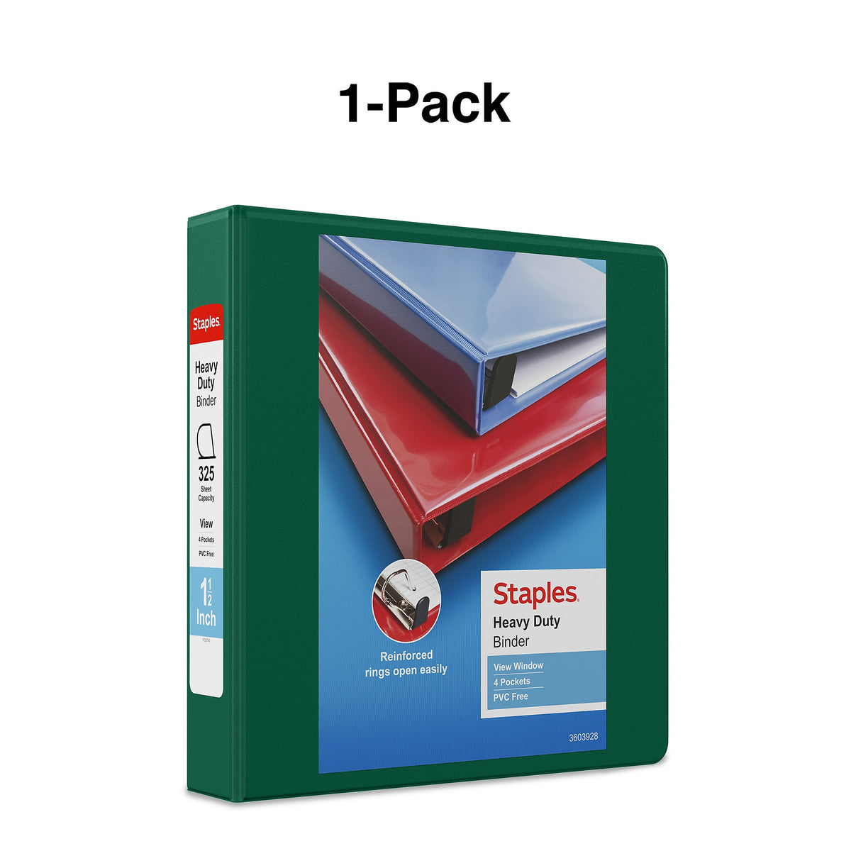 Staples Heavy Duty 1 1/2" 3-Ring View Binder, D-Ring, Green