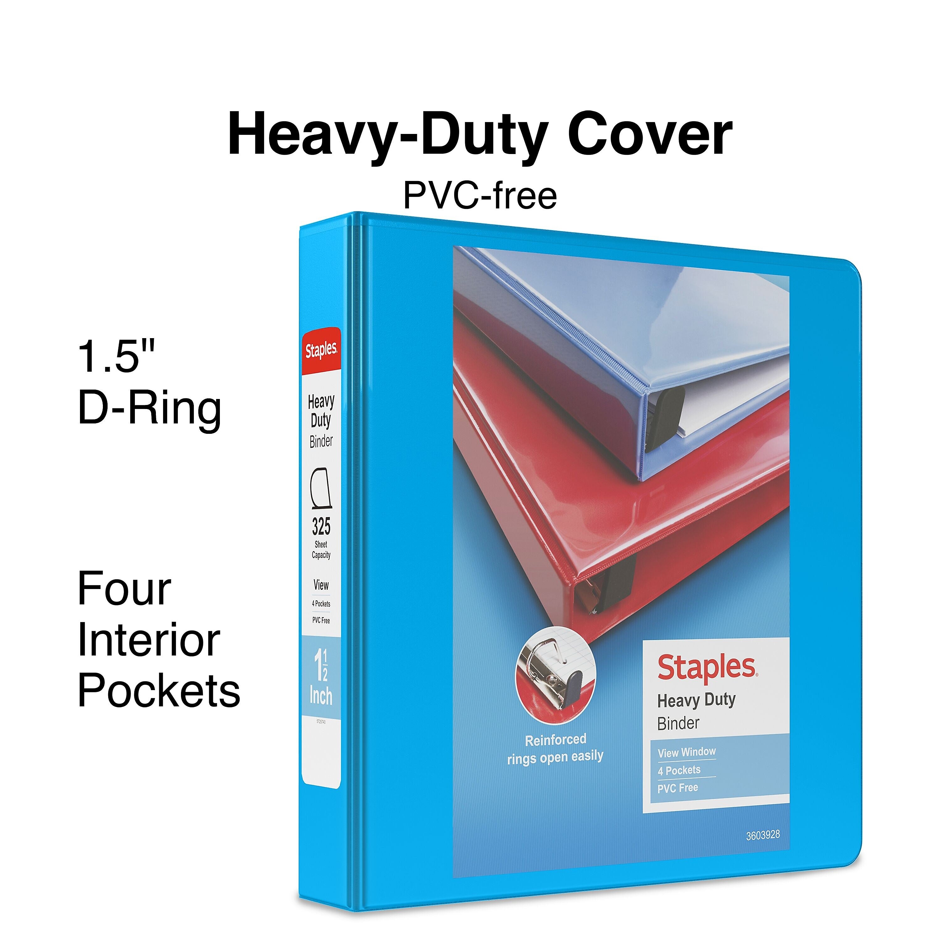 Staples Heavy Duty 1 1/2" 3-Ring View Binder, D-Ring, Light Blue