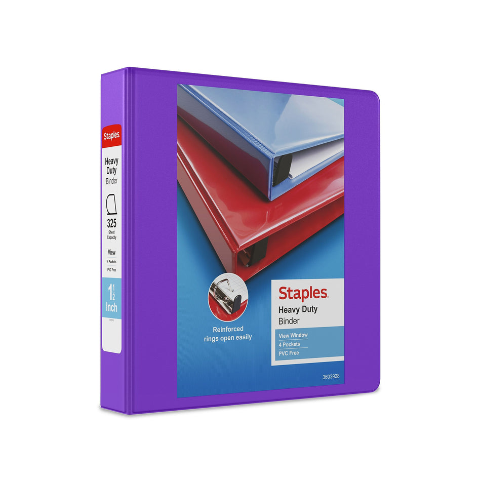 Staples Heavy Duty 1 1/2" 3-Ring View Binder, D-Ring, Purple