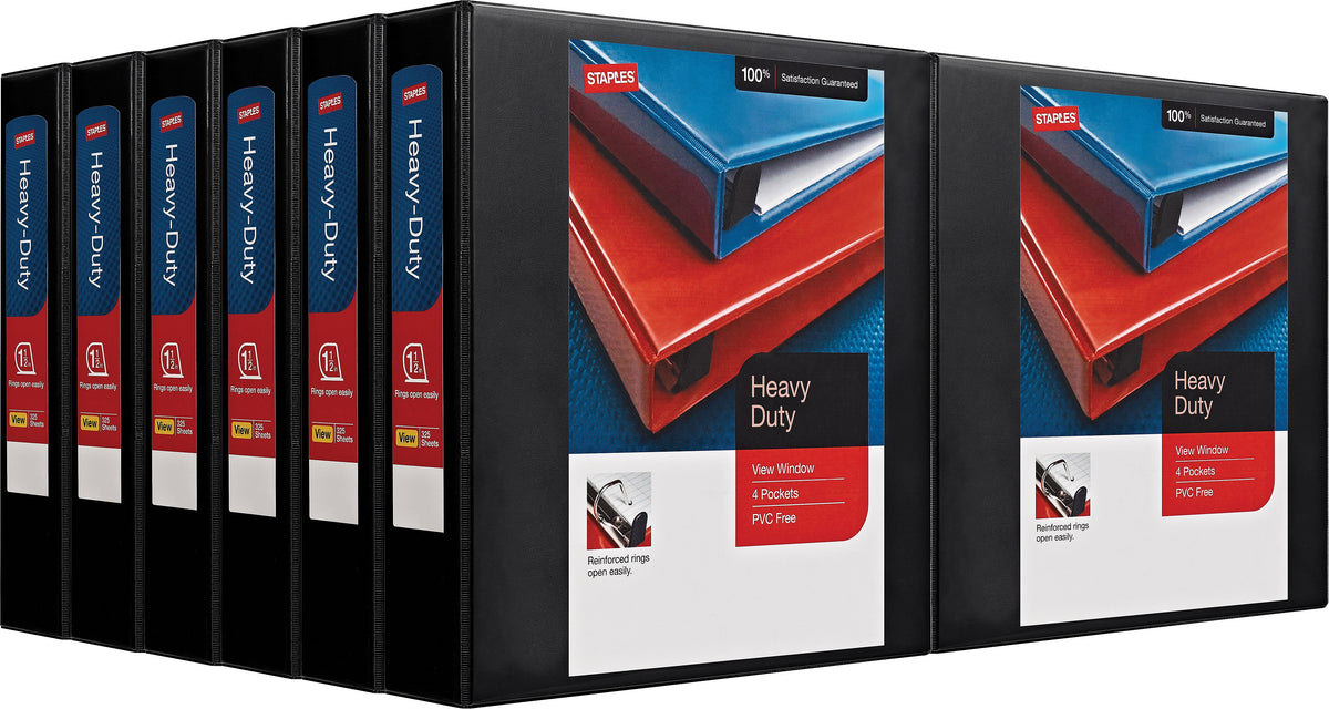 Staples Heavy Duty 1 1/2" 3-Ring View Binders, Black, 12/Carton