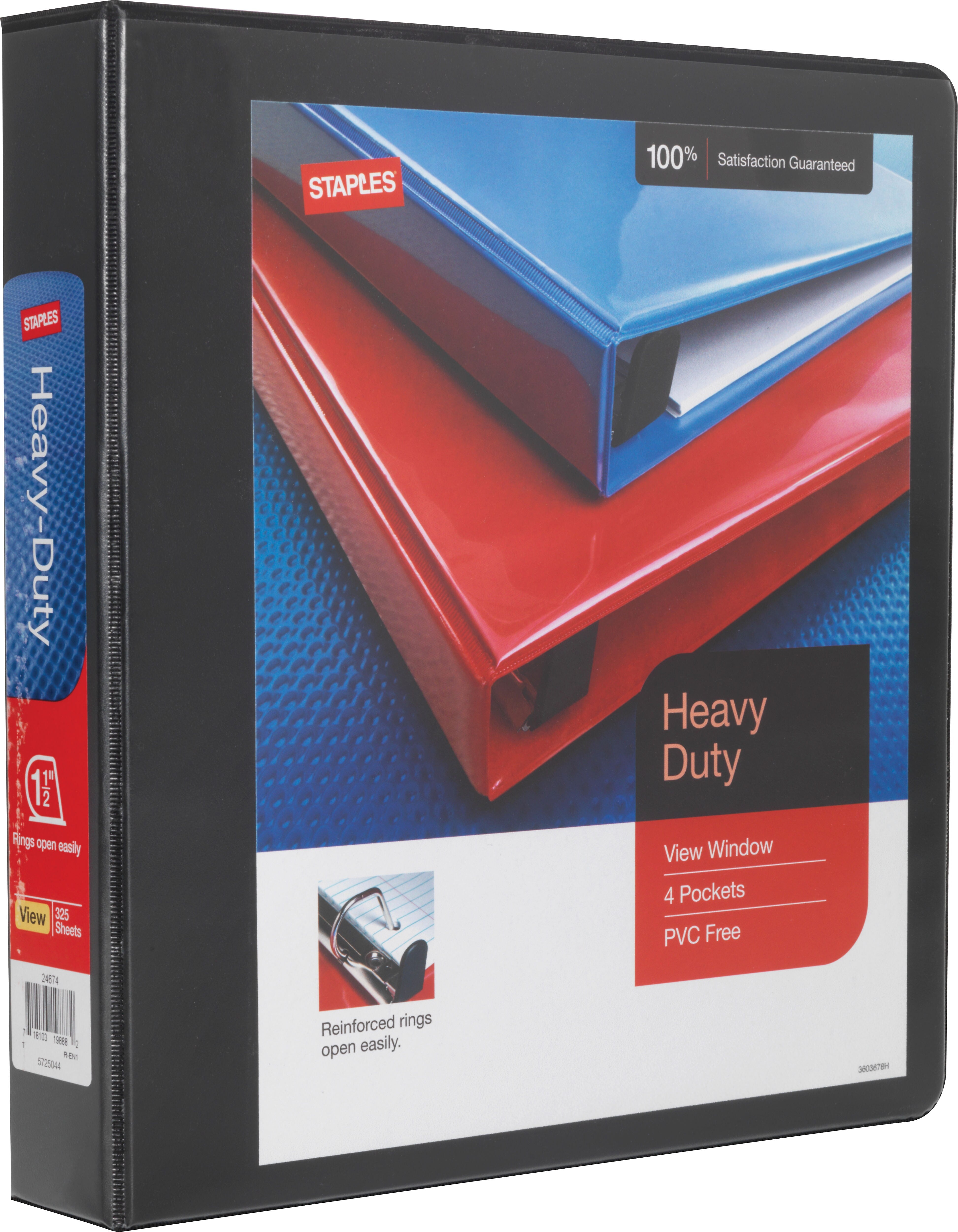 Staples Heavy Duty 1 1/2" 3-Ring View Binders, Black, 12/Carton