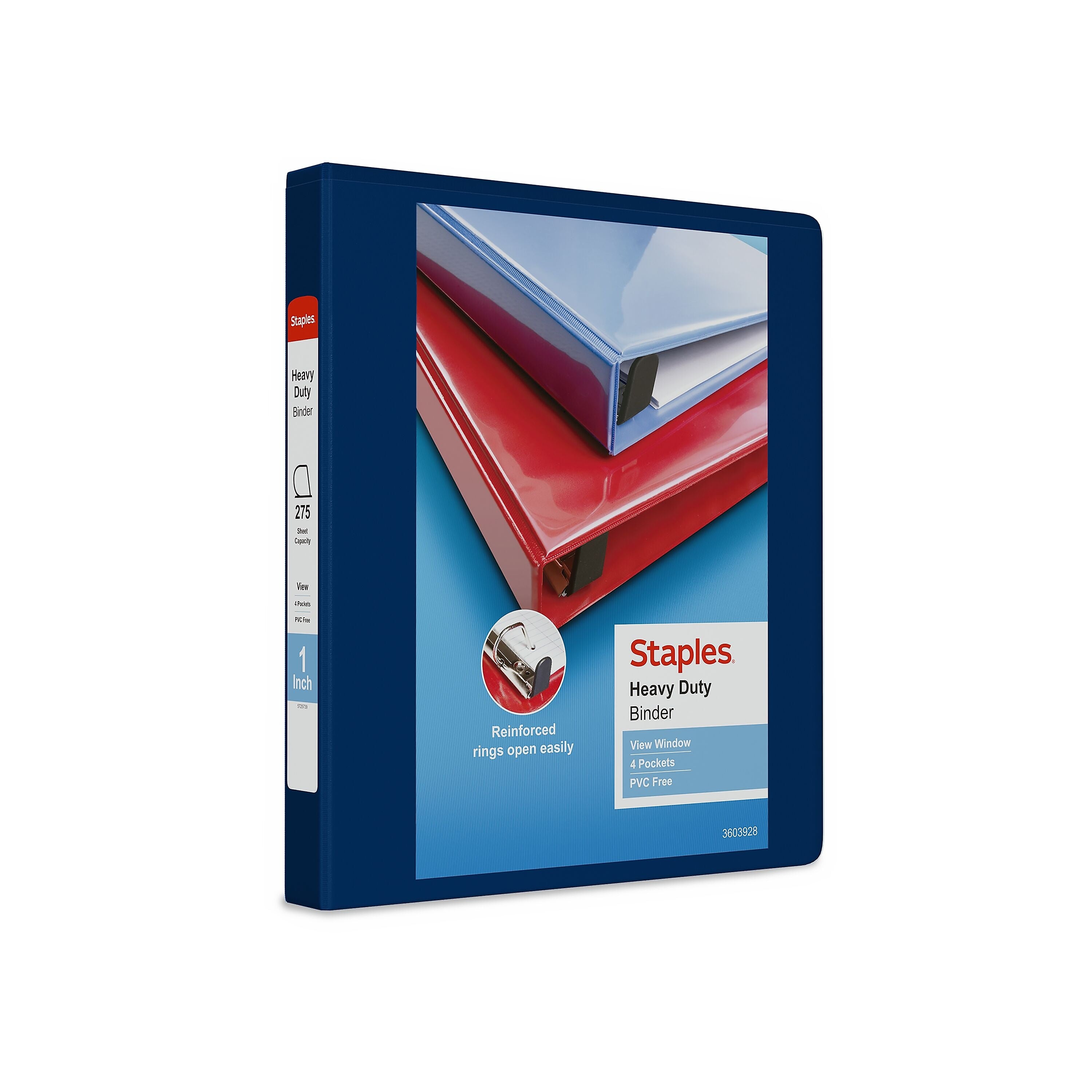 Staples Heavy Duty 1" 3-Ring View Binder, D-Ring, Blue