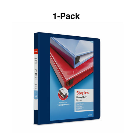 Staples Heavy Duty 1" 3-Ring View Binder, D-Ring, Blue