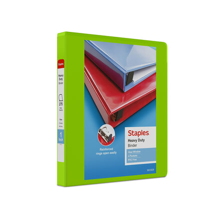 Staples Heavy Duty 1" 3-Ring View Binder, D-Ring, Chartreuse