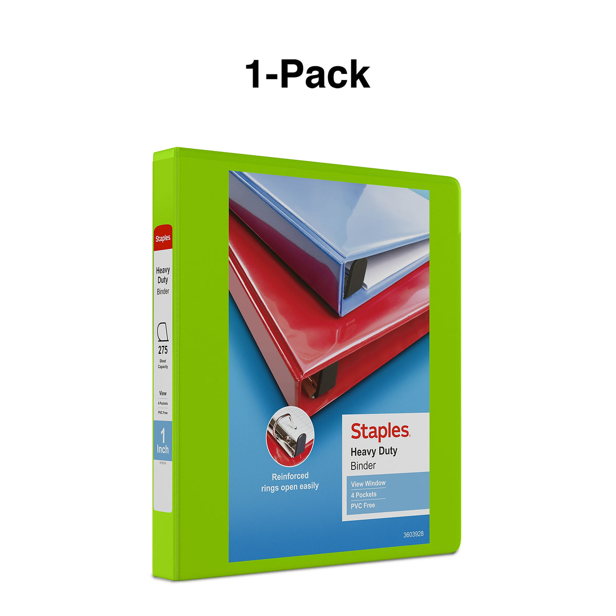 Staples Heavy Duty 1" 3-Ring View Binder, D-Ring, Chartreuse