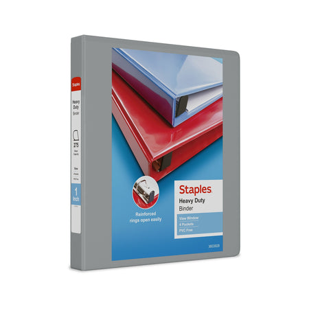 Staples Heavy Duty 1" 3-Ring View Binder, D-Ring, Gray