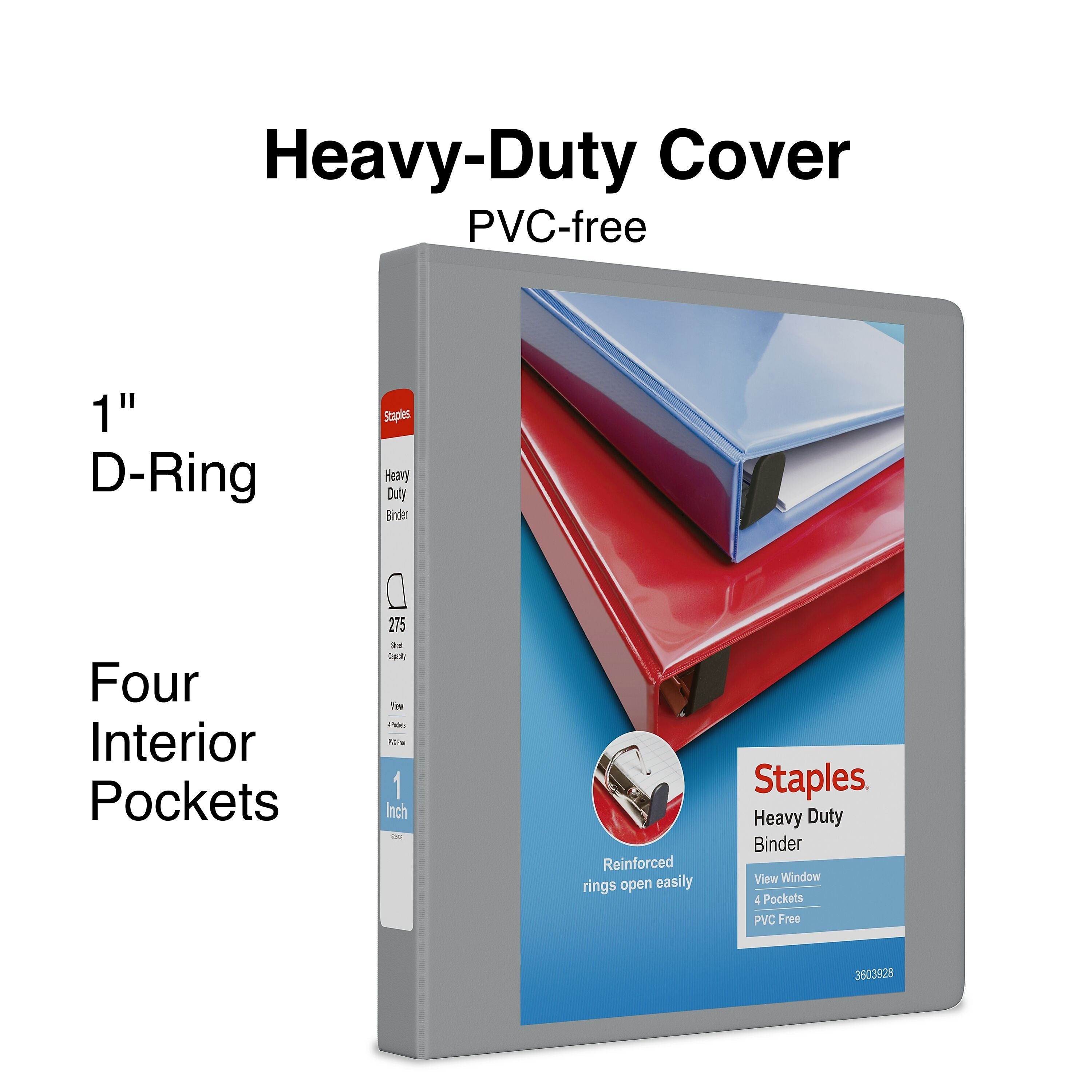 Staples Heavy Duty 1" 3-Ring View Binder, D-Ring, Gray