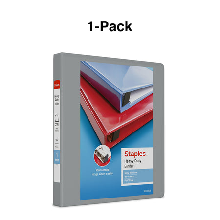 Staples Heavy Duty 1" 3-Ring View Binder, D-Ring, Gray