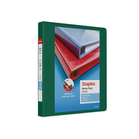 Staples Heavy Duty 1" 3-Ring View Binder, D-Ring, Green