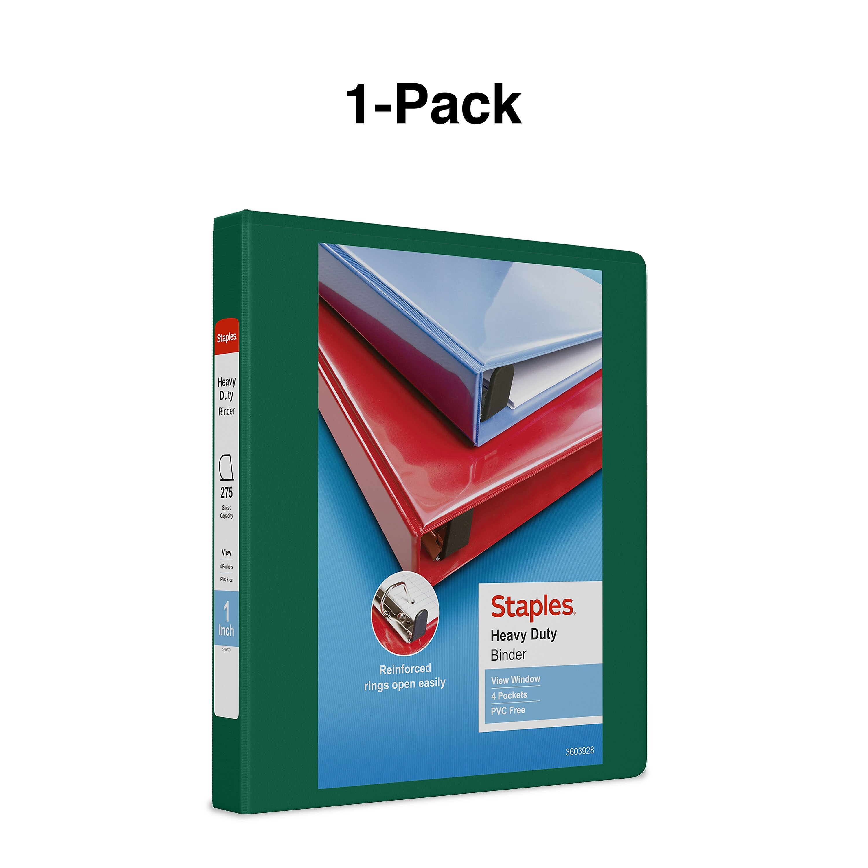 Staples Heavy Duty 1" 3-Ring View Binder, D-Ring, Green