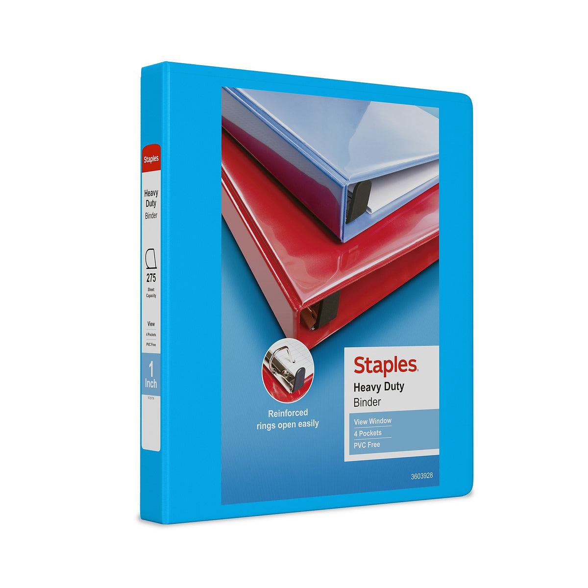 Staples Heavy Duty 1" 3-Ring View Binder, D-Ring, Light Blue