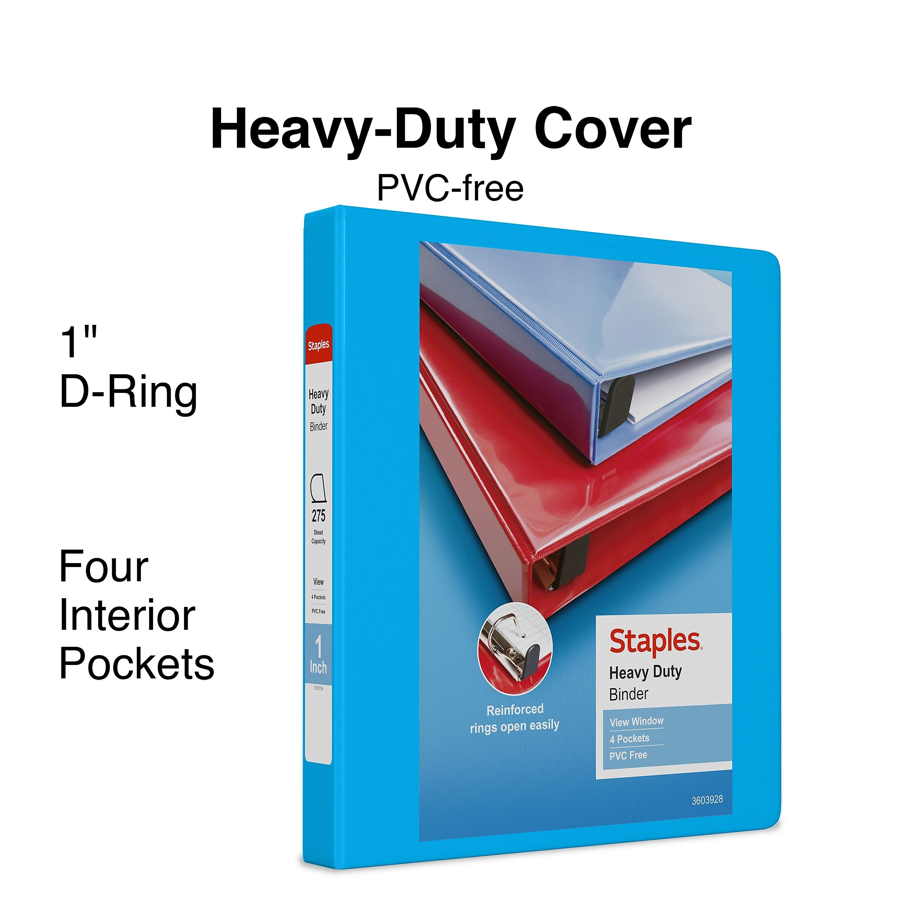 Staples Heavy Duty 1" 3-Ring View Binder, D-Ring, Light Blue