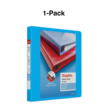 Staples Heavy Duty 1" 3-Ring View Binder, D-Ring, Light Blue