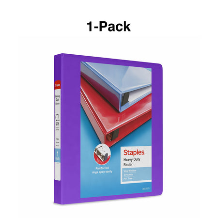 Staples Heavy Duty 1" 3-Ring View Binder, D-Ring, Purple