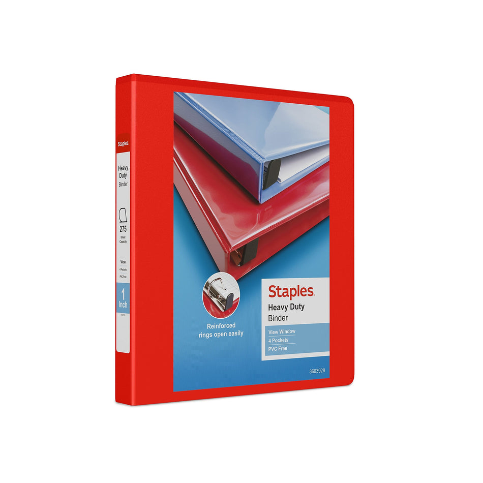 Staples Heavy Duty 1" 3-Ring View Binder, D-Ring, Red