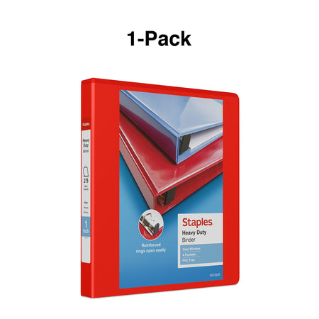 Staples Heavy Duty 1" 3-Ring View Binder, D-Ring, Red